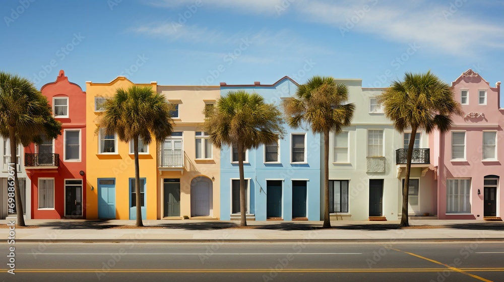 Colorful row houses - vibrant colors - palm trees - inspired by the vibe of Charleston South Carolina 