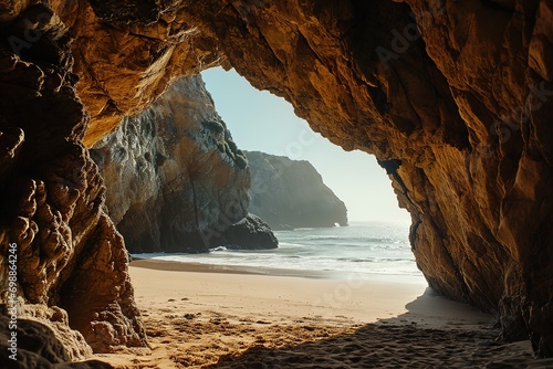 the beach from the inside of a large, rock cave © Intelligence Studio