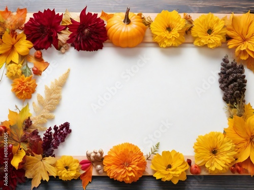 Top view of autumn flowers on a wooden background with space for your text