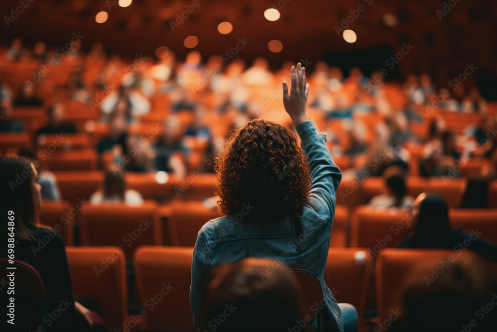 Young female Raises a Question in a Crowded Auditorium - obrazy, fototapety, plakaty 