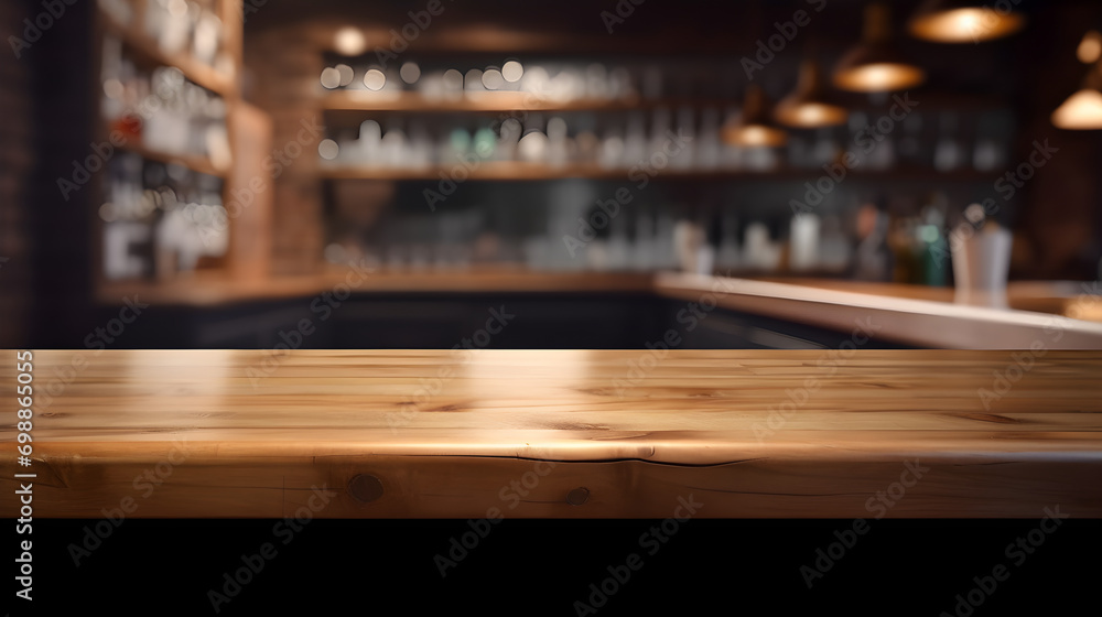 Empty wooden bar top for product display, Generative AI