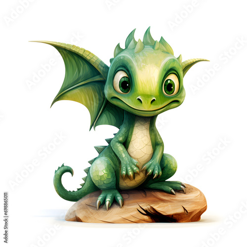 The cute green dragon is isolated on a white background. AI Generative © narokzaad