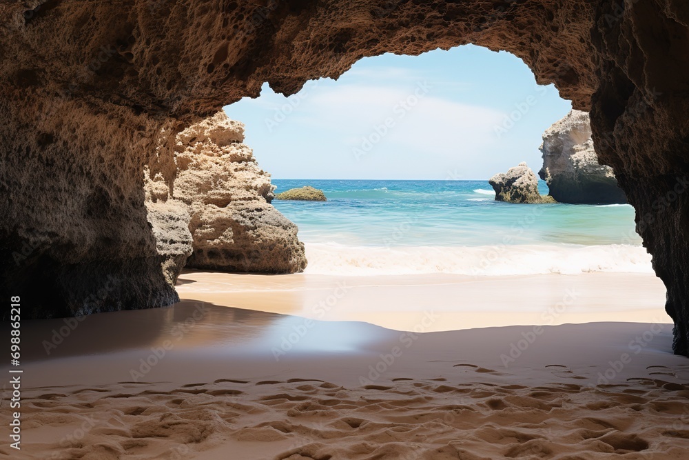 the beach from the inside of a large, rock cave