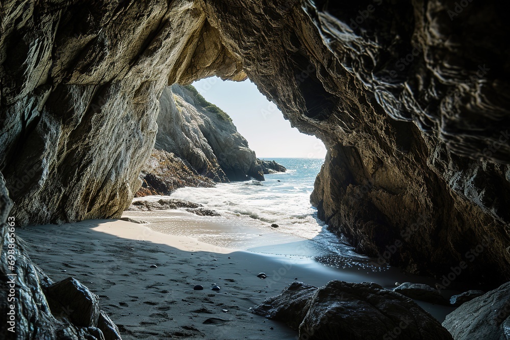 the beach from the inside of a large, rock cave