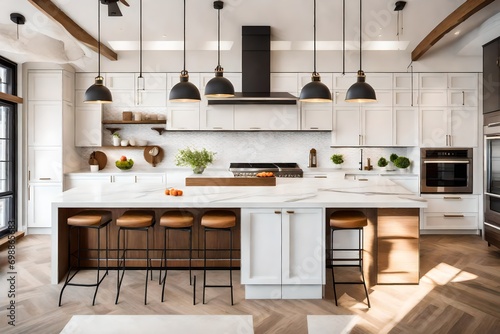 A modern kitchen with quartz countertops  pendant lights  and a subway tile backsplash