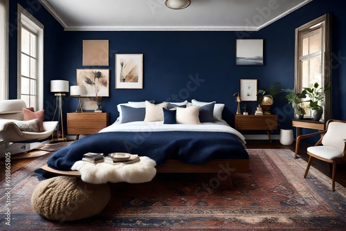 A cozy bedroom with a fireplace, layered rugs, and a rich navy blue accent wall