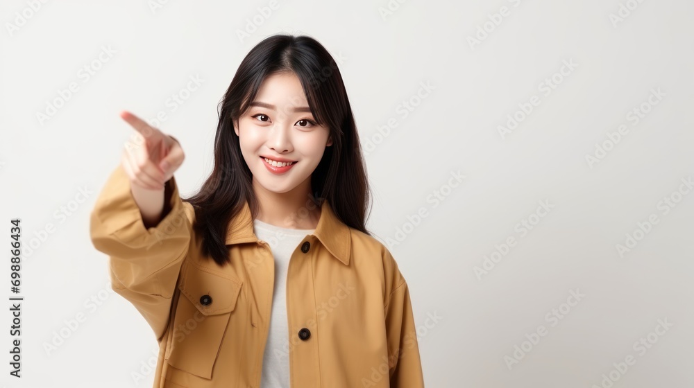 Beautiful young Asian woman pointing up to copy space and looking at camera on white background Beautiful young Asian woman pointing up to copy space and looking at camera on white background