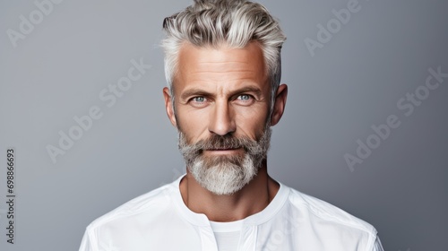 Portrait of hairdresser owner on gray background