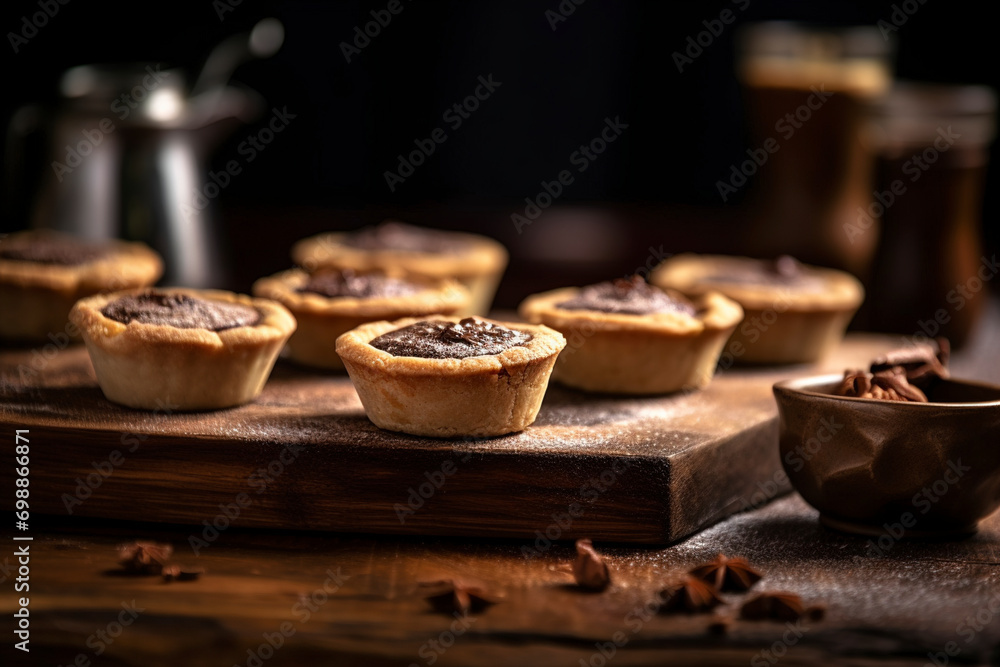 Swiss nut-filled tarts are on a wooden board. (Generative AI)