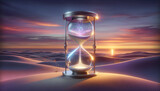 Tranquil natural landscape with vintage-style hourglass symbolizing the passage of time.