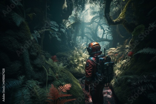 An astronaut explores a colorful, extraterrestrial jungle landscape. Generative AI