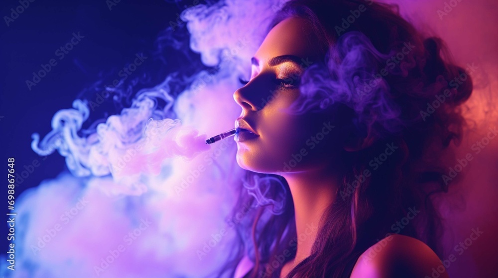Young lady in smoke from cigarettes. Woman smokes steam.