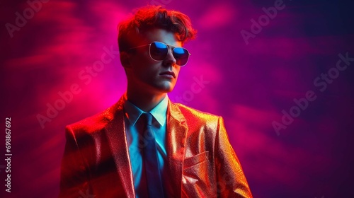  Young handsome model posing in a studio in a trendy neon light