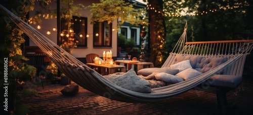 Cozy backyard patio with a hammock and fairy lights, perfect for a summer evening relaxation.