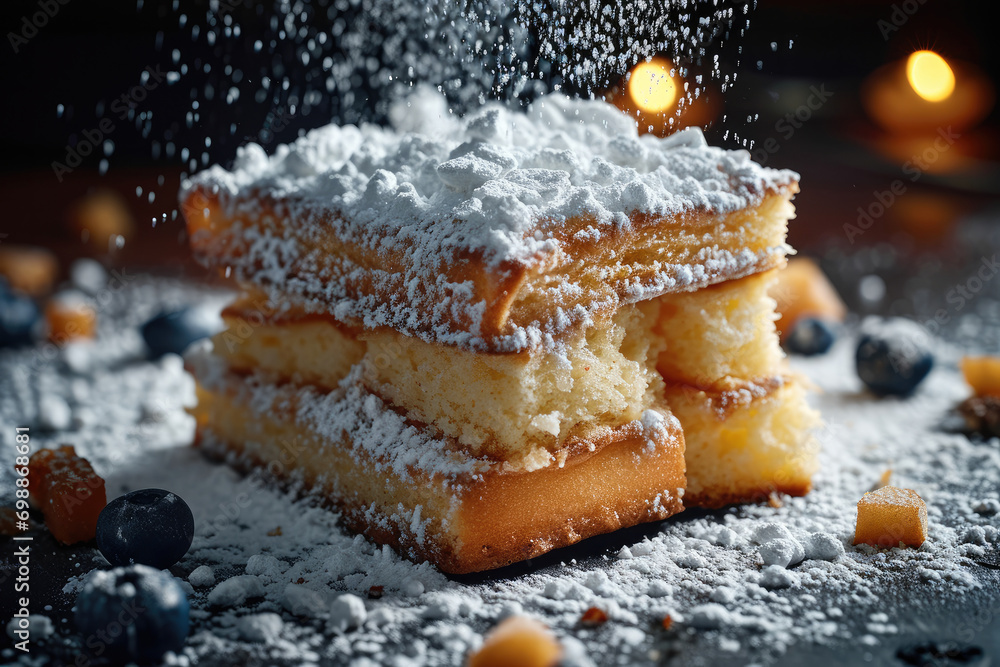 A fine French dessert topped with powdered sugar. Generative AI.