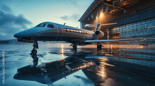 A modern hangar with a modern high-tech private jet standing in it. Generative AI.