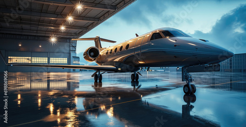 A modern hangar with a modern high-tech private jet standing in it. Generative AI. photo