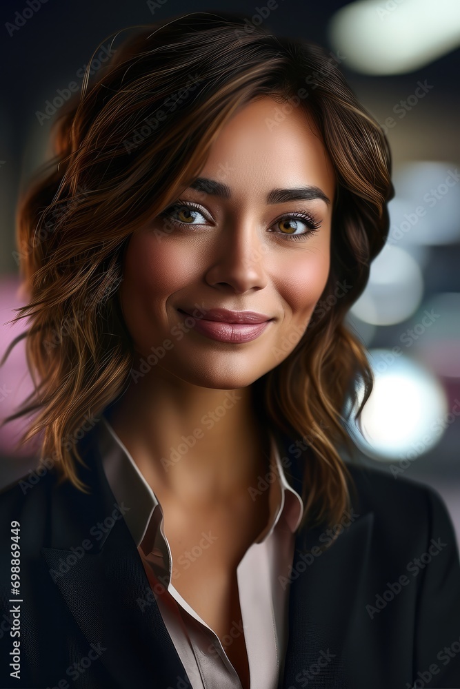A female news anchor looks at the camera, Smiling. Generative AI. A female news anchor looks at the camera, Smiling. Generative AI.