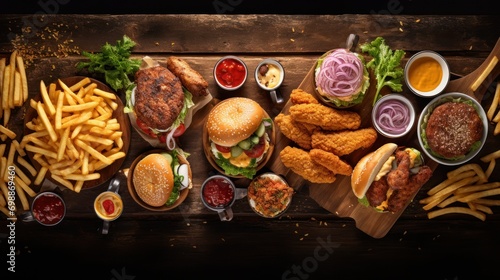 Hamburgers, pizza, fried chicken and sides on a dark wood background. photo