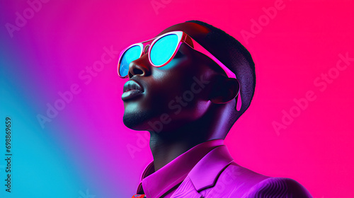 Fashionable Young Man in Shades With Neon Pink and Blue Lighting