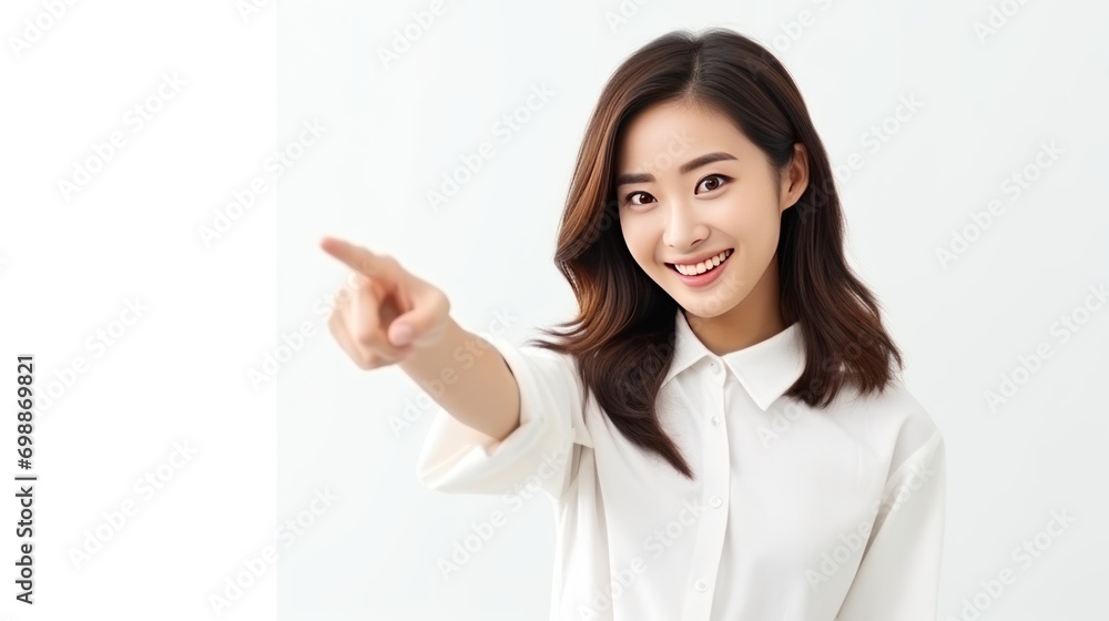 Young Asian woman smiling and pointing finger to empty copy space on white background Young Asian woman smiling and pointing finger to empty copy space on white background