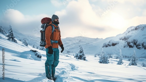 A man with equipment in the snow. Generative AI.