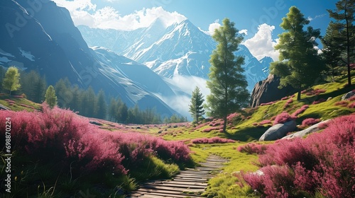 A beautiful mountain valley with natural beauty and landscape and a wooden path with pink flower field and mountains. Generative AI. photo