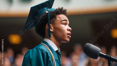 a young man speaks at graduation on the podium 2