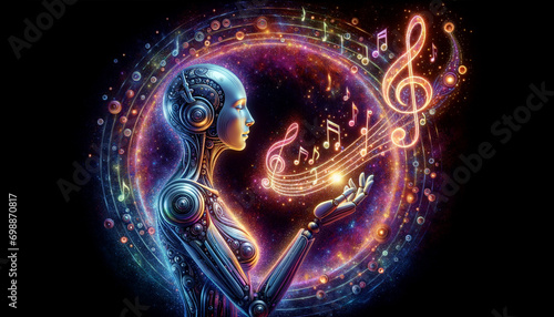 Futuristic AI Music  Serene landscape with humanoid robot creating musical magic