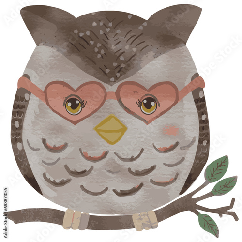 Cute owl with heart shaped sunglasses vector watercolor style.