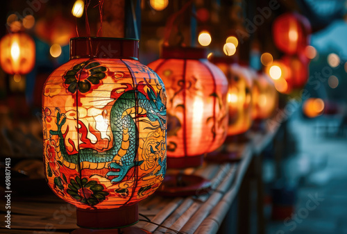 Many Chinese lantern with drawings of happy Chinese dragon on it. Generative AI. photo