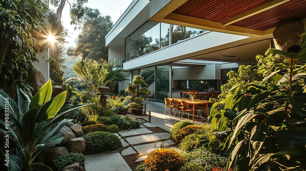 Modern house with courtyard garden lush landscaping. Generative AI. - obrazy, fototapety, plakaty 