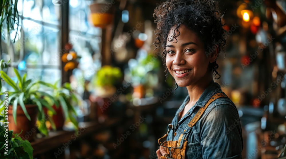 portrait of an African American woman in her greenhouse or plant store, confident, generative ai portrait of an African American woman in her greenhouse or plant store, confident, generative ai