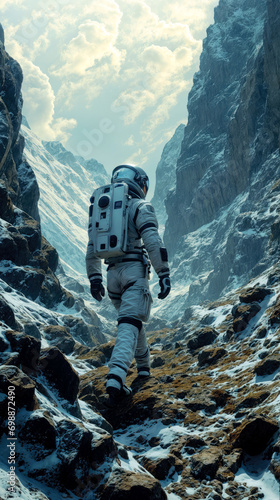 An astronaut exploring a new planet in his environmental suit, mountains and snow, generative ai