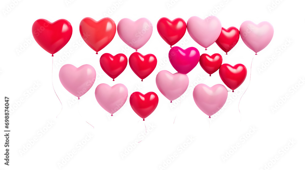 Pink and red heart shaped balloons isolated on transparent or white background