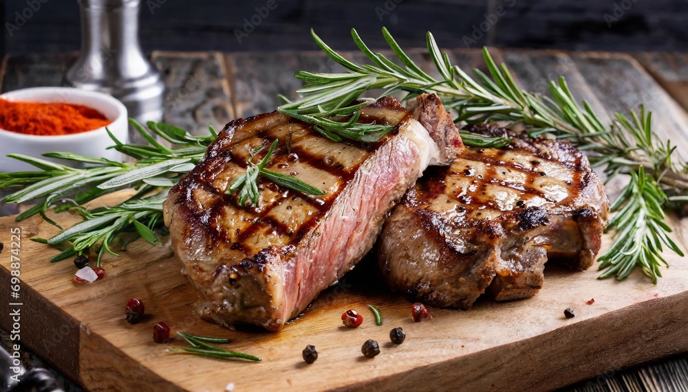 Charred Bliss, Woodsy Embrace: Rosemary Kisses Grilled Perfection, Chops Sing on a Rustic Stage Charred Bliss, Woodsy Embrace: Rosemary Kisses Grilled Perfection, Chops Sing on a Rustic Stage