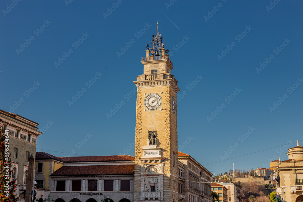 Bergamo, Italy. Tower Torre dei Caduti, located on Piazza Vittorio Veneto in the lower part of Bergamo city. Part of the network of the Bergamo History Museum