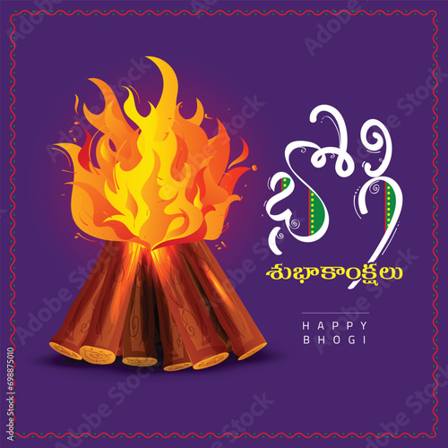south indian festival Happy Bhogi vector illustration written in regional language Telugu with festive elements.
