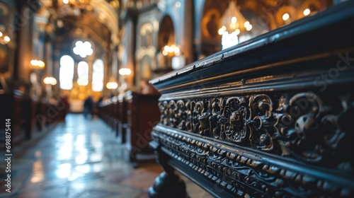 black wooden coffin in church photo