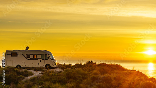 Caravan on nature in the morning at sunrise