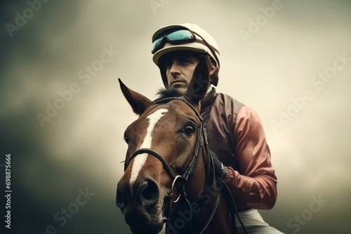 Retro horse racing jockey on the side. Generative AI © Sophia
