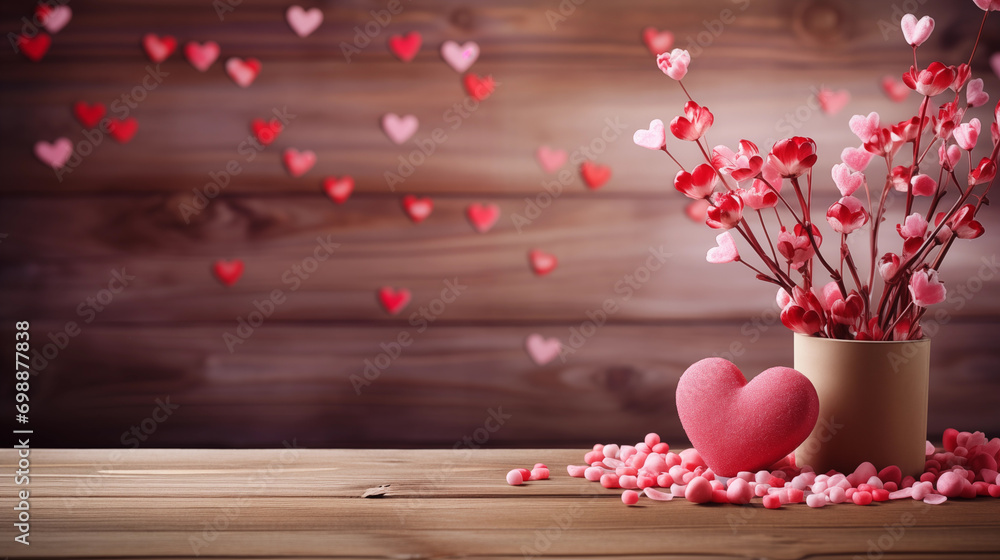 Empty old wooden table background with valentines day theme in background