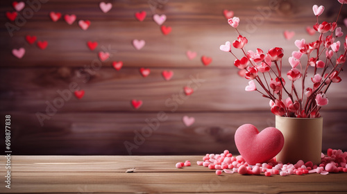 Empty old wooden table background with valentines day theme in background