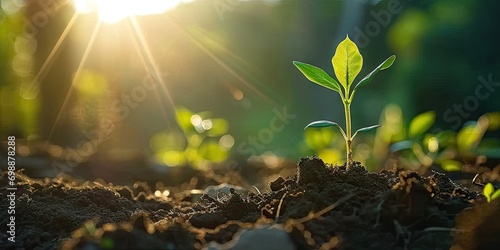 Closeup of green growth saplings and seedlings embracing warm sunlight. Nurturing nature promise. Bright beginning with symbolizing and environmental care photo