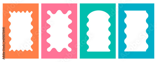 Psychedelic retro wavy frame. Rectangle groovy border with scallop edge. Vector doodle squiggle aesthetic banners. Funky geometric abstract shapes for post and story. Y2k cute decoration