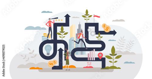 Career exploration for new professional opportunities tiny person concept, transparent background. Successful businessman strategy and planning process with future obstacles.