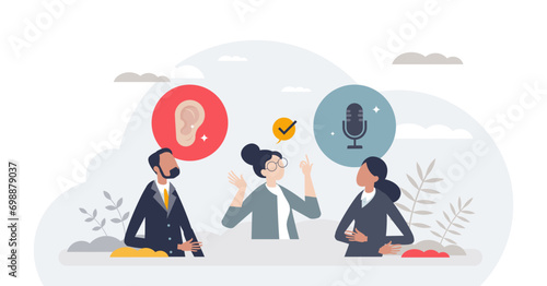 Mediation session and guiding business conversation tiny person concept, transparent background. Relationship problem therapy with couple communication control and psychologist support illustration.