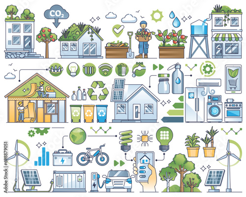 General eco friendly elements with sustainable ecology outline collection set. Item group with waste management, resource effective consumption and alternative nature energy vector illustration.