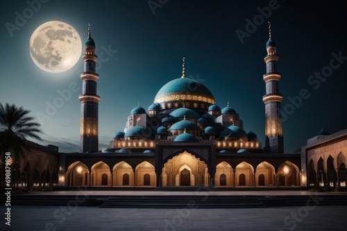 Mosque at night. Ramadan Kareem background.