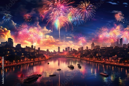 Fireworks over the city in rainbow color © kardaska